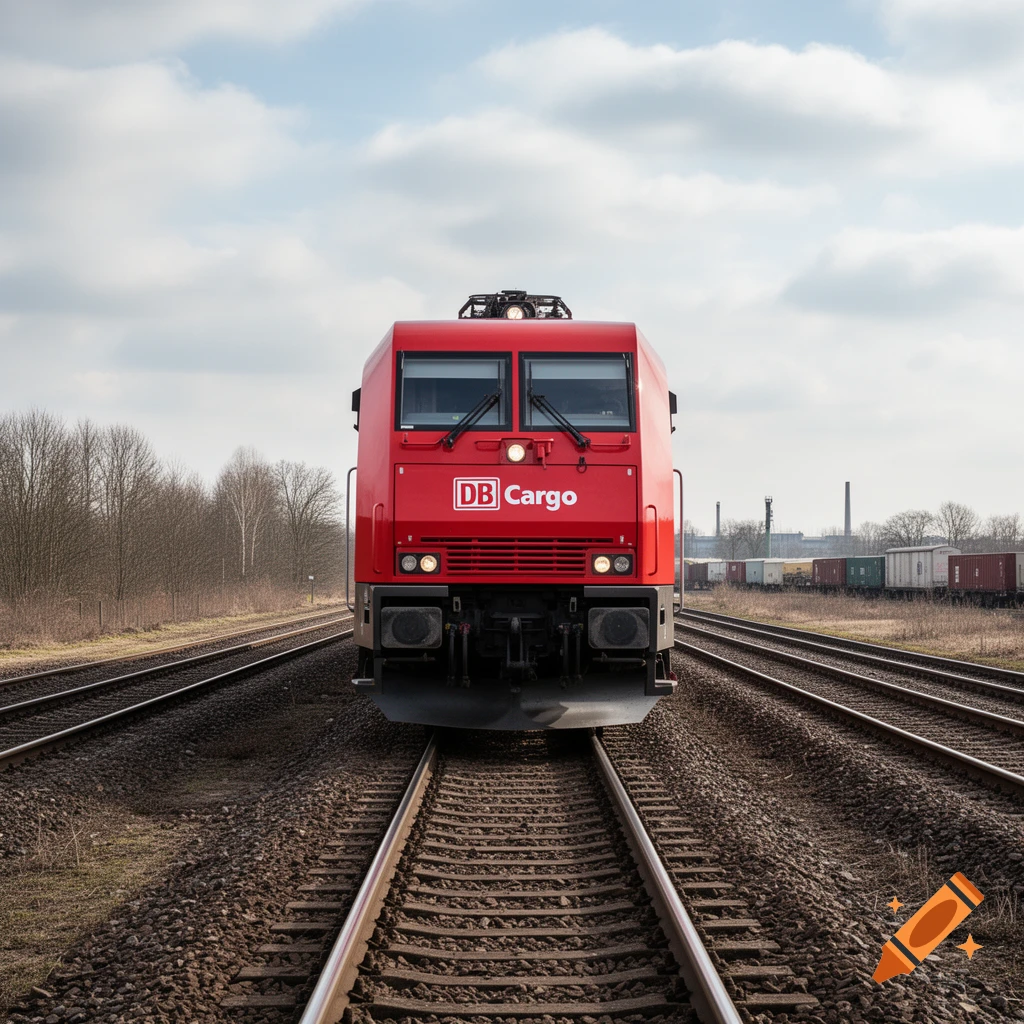 A bright red DB Cargo train locomotive viewed head-on, sitting on railway tracks under a partly cloudy sky with other freight cars in the distance.
