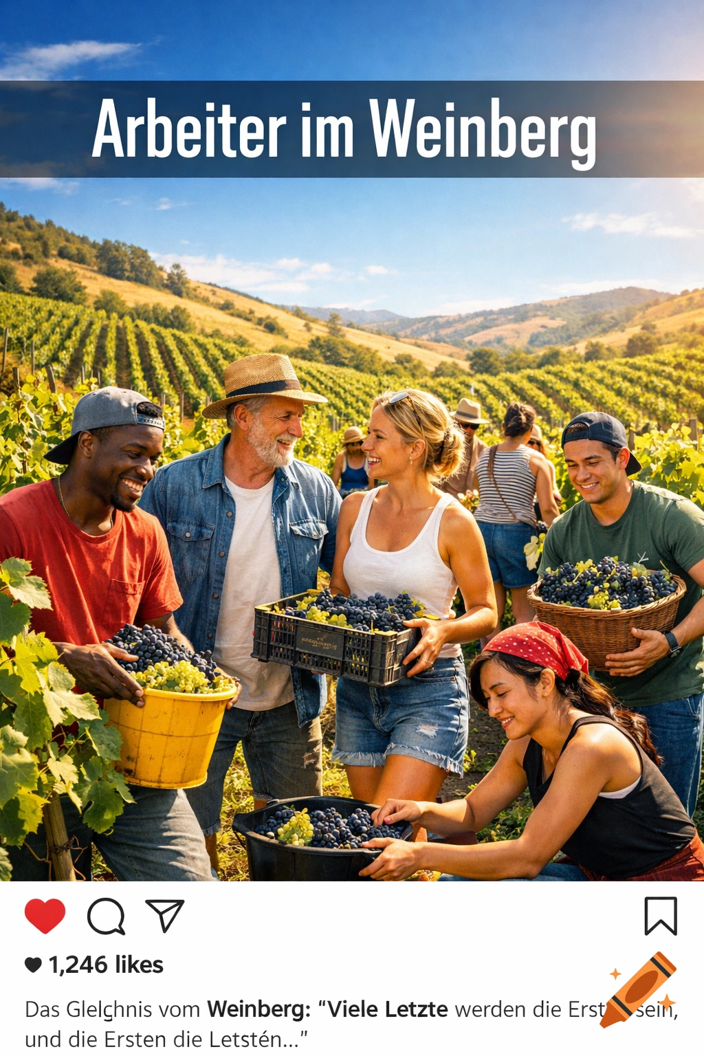 Photorealistic image of diverse people harvesting grapes in a sunny vineyard, presented as an Instagram post with a German caption.