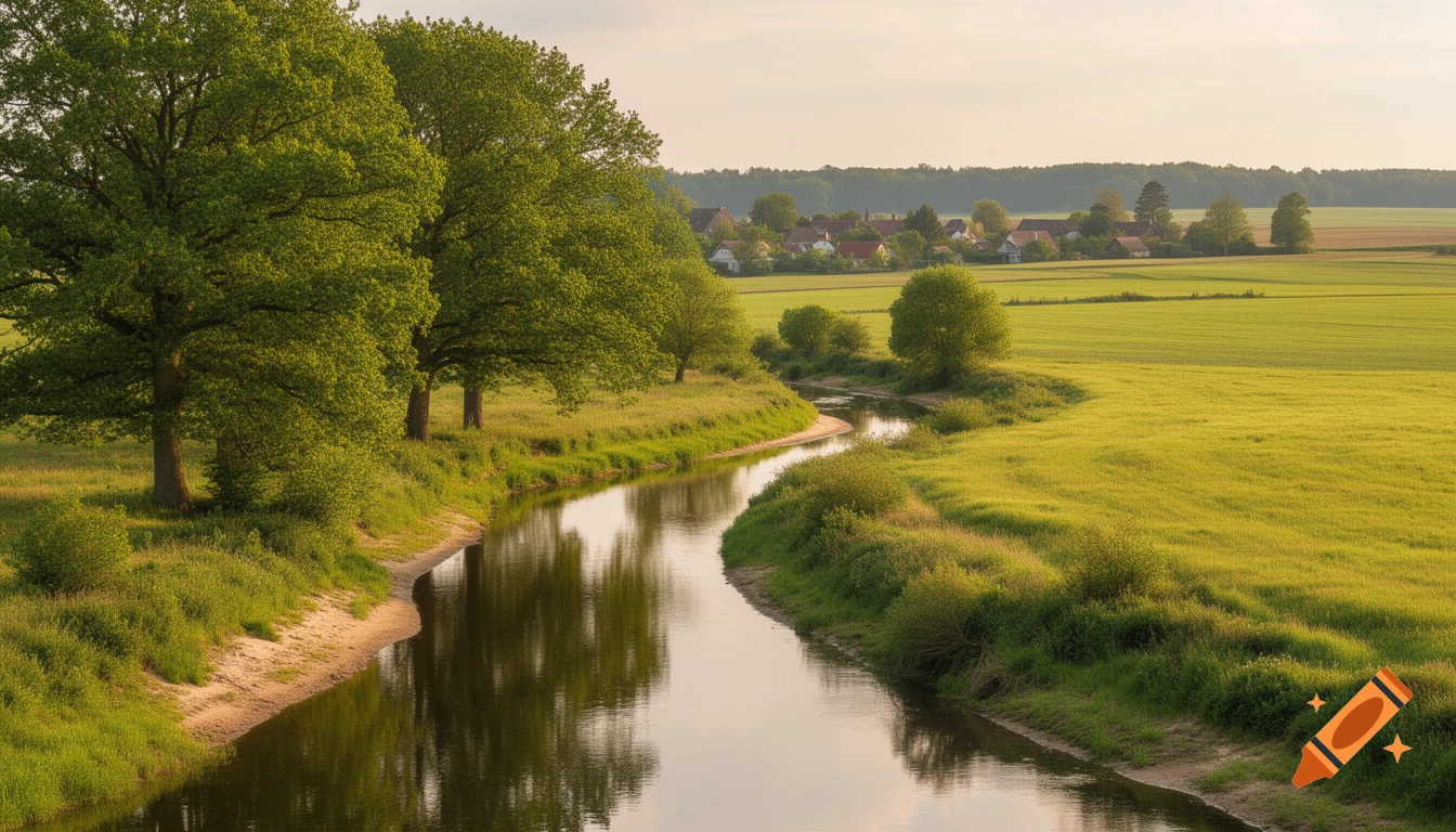 A winding river through a lush green landscape with trees, fields, and a small village under a soft sky.