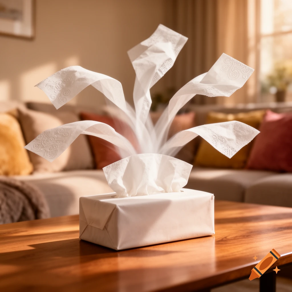 White tissues elegantly flying out of a tissue box on a wooden table in a sunlit living room.