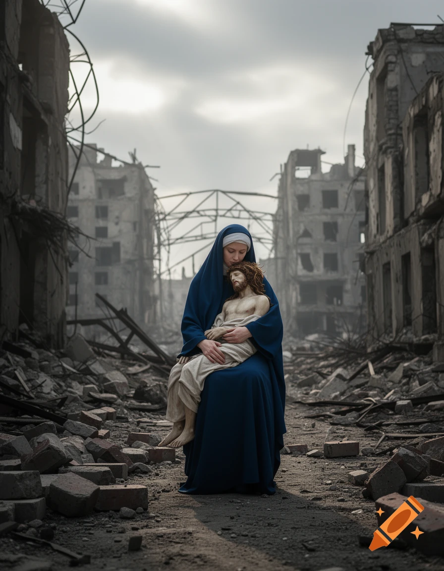 Photorealistic image of Mary cradling dead Jesus in her lap amidst desolate city ruins, a modern Piet crossed out by mistake. Corrected to: Photorealistic image of Mary cradling dead Jesus in her lap amidst desolate city ruins, a modern Pietà.
