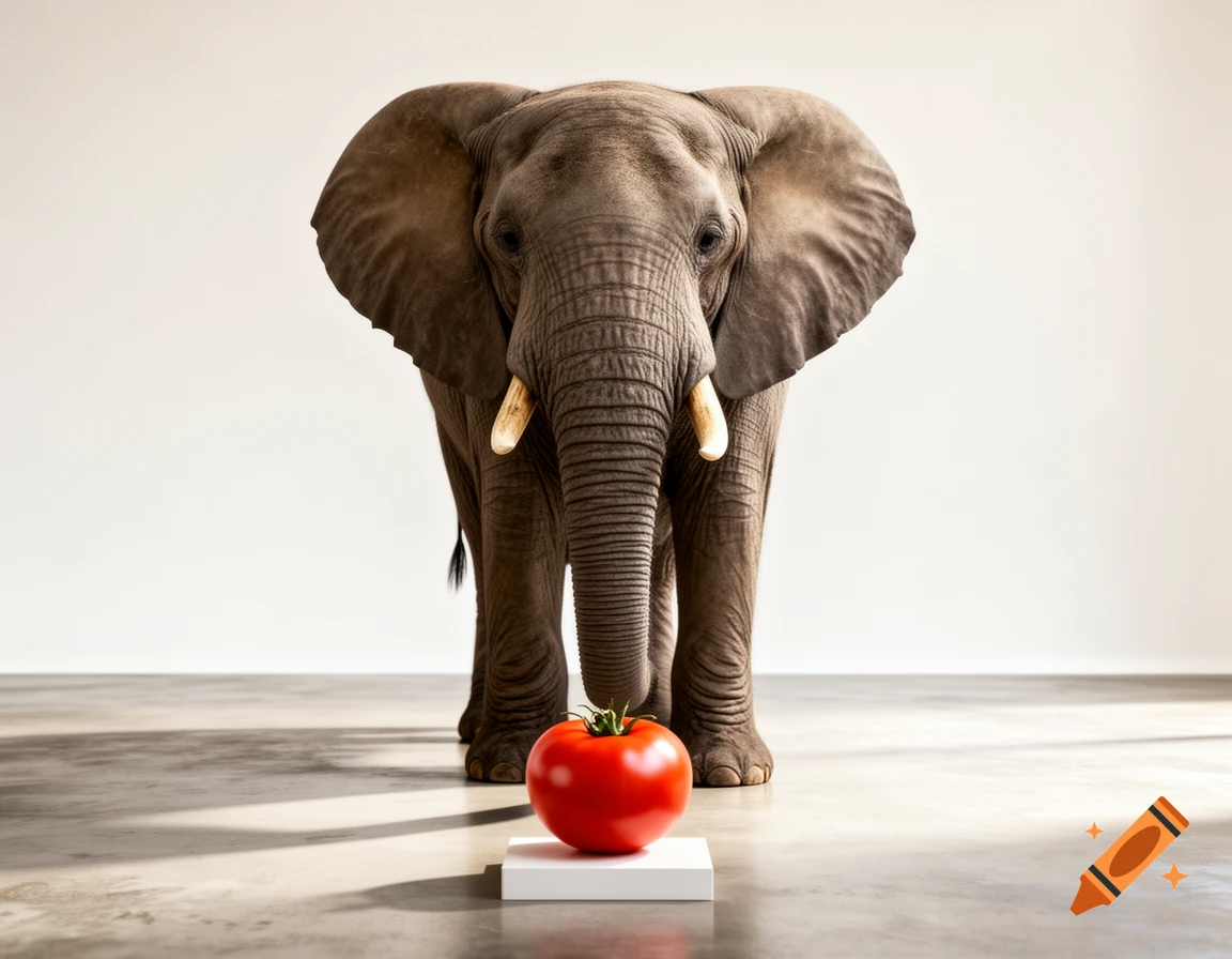 A photorealistic elephant stares at a small red tomato on a white block in a minimalist studio.