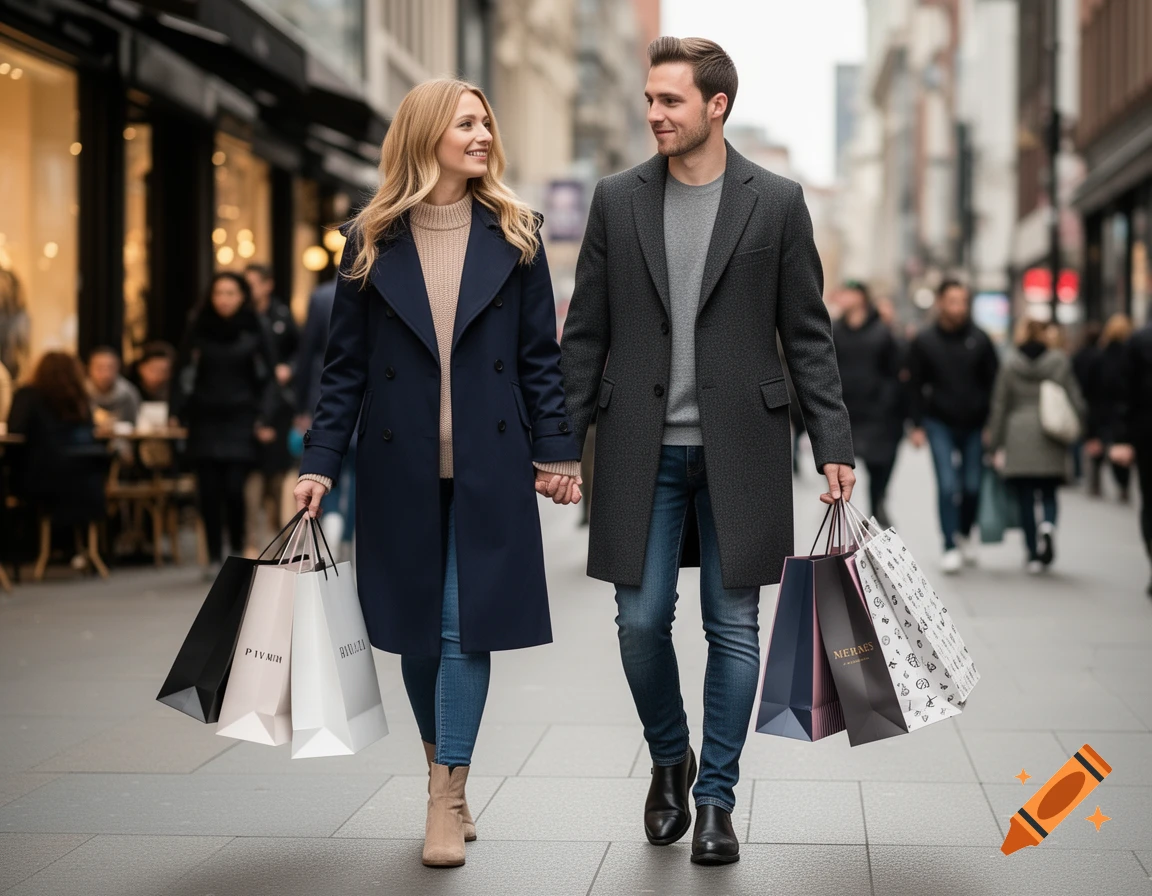 A well-dressed couple holds hands and shopping bags while walking down a city street lined with shops.