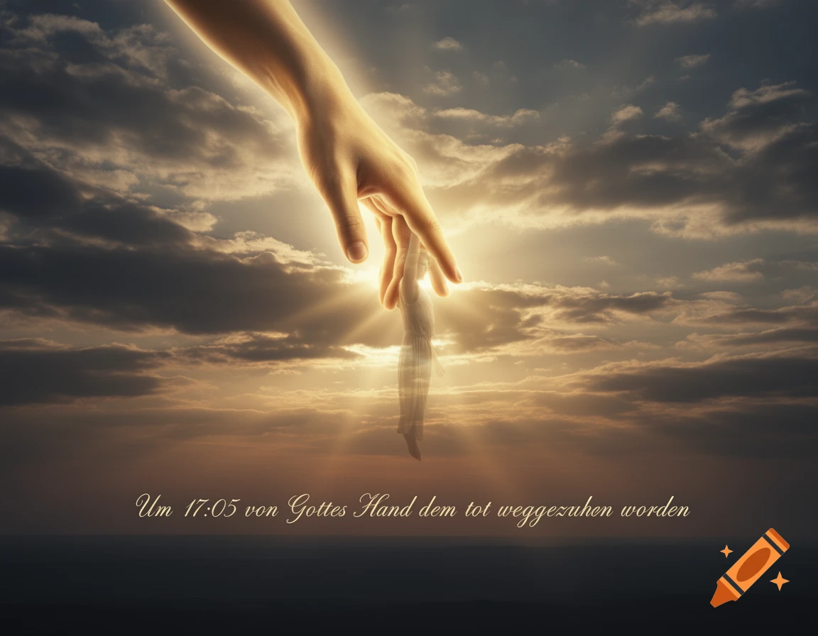 A divine hand reaches down from a dramatic, sunlit sky to a smaller, translucent figure, with text below.