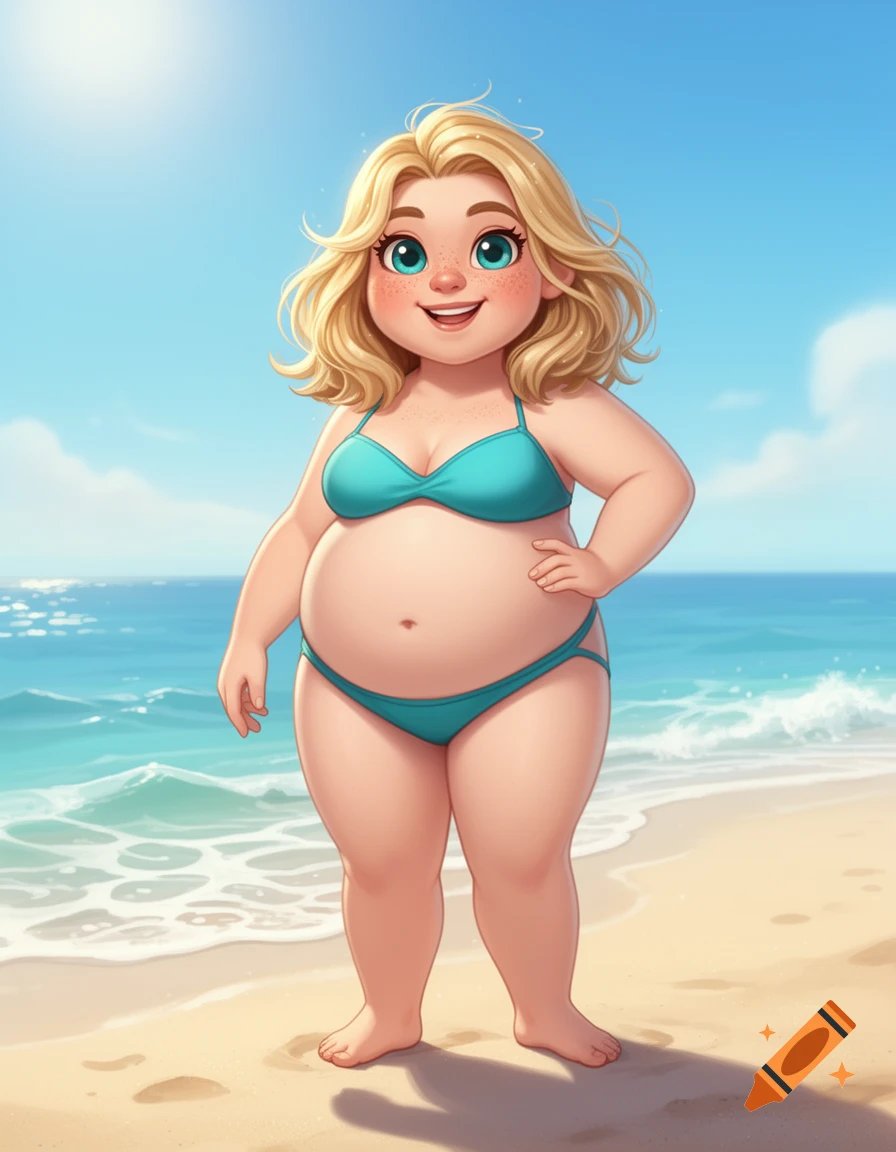 Cartoon-style image of a smiling, chubby blonde woman in a turquoise bikini on a sunny beach.