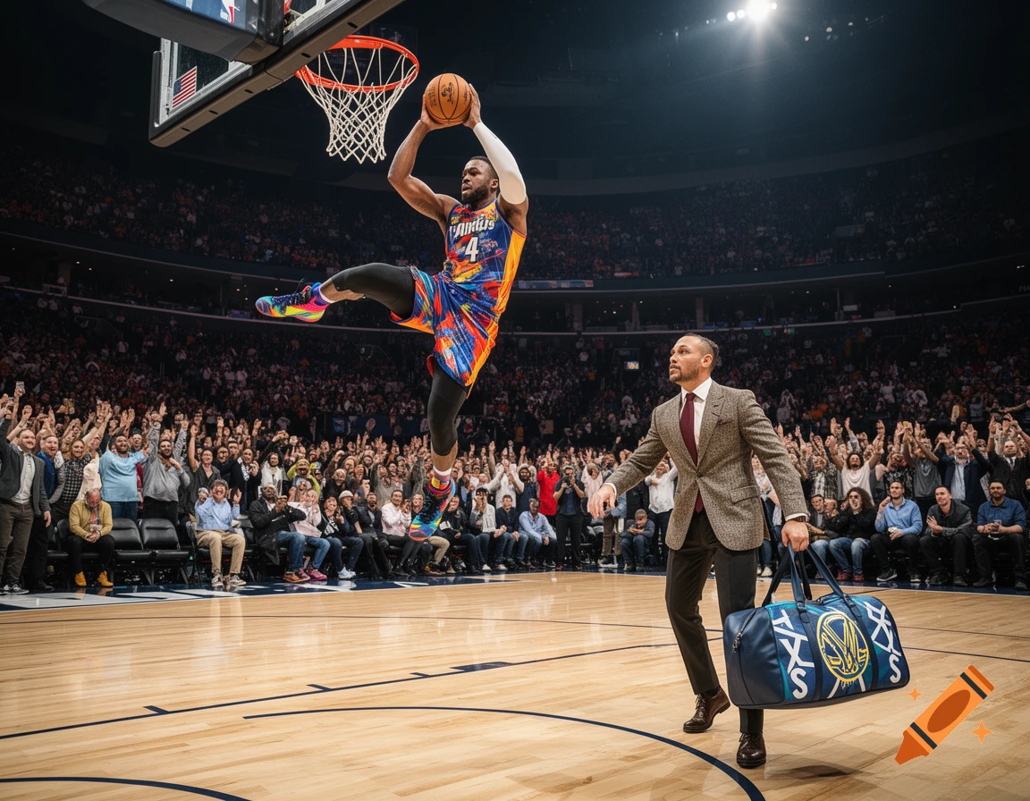 A basketball player in a colorful jersey dunks a ball in a packed arena, while a man in a suit carries a blue duffel bag on the court.
