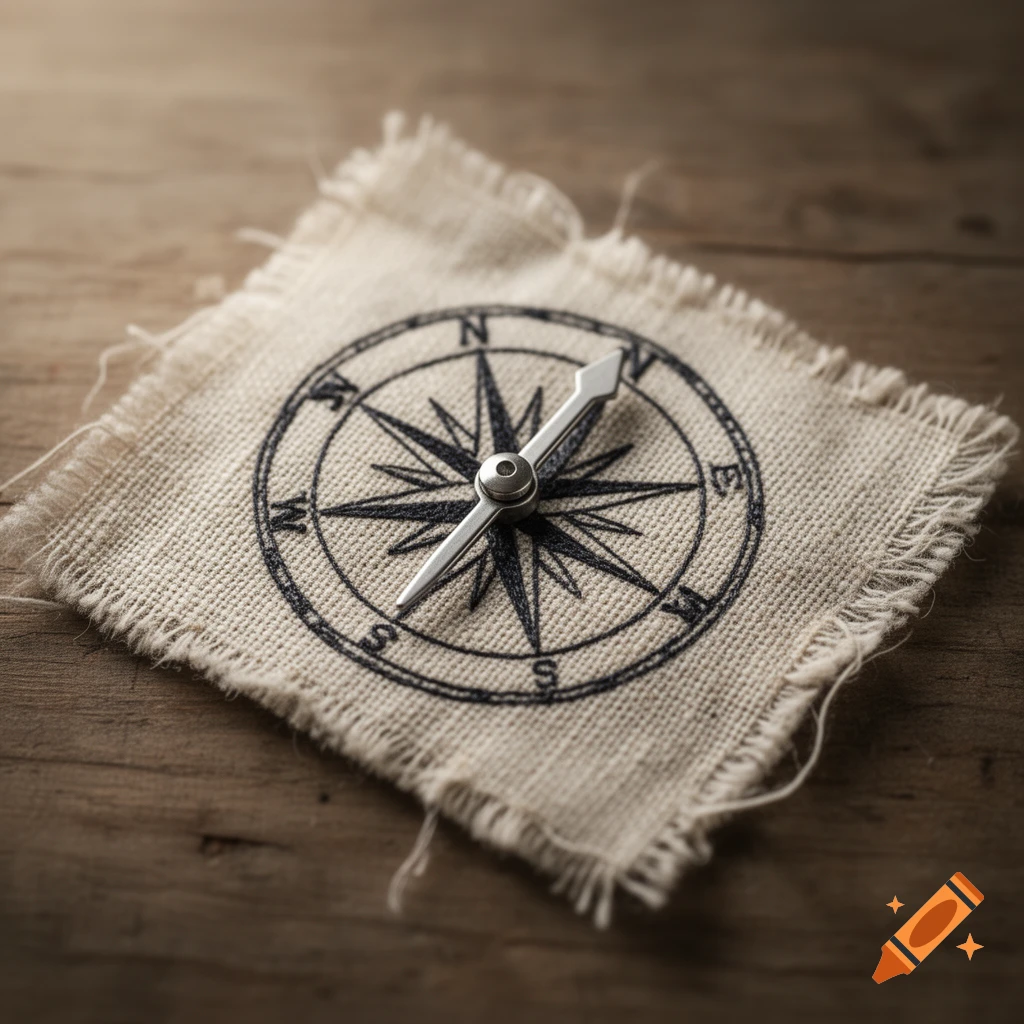 A vintage-style compass rose with cardinal directions N, E, S, W printed on a textured fabric square, resting on a wooden surface.