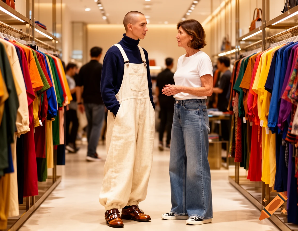 An androgynous person in cream oversized overalls and a woman in wide-leg jeans talk in a colorful clothing store.