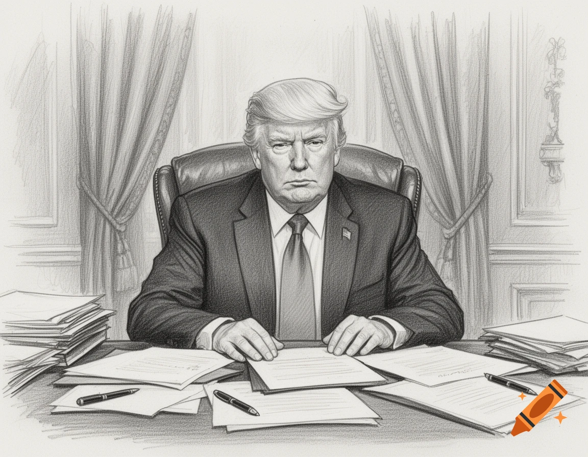 Pencil drawing of Donald Trump in a suit, sitting at a desk with papers, looking sternly forward.