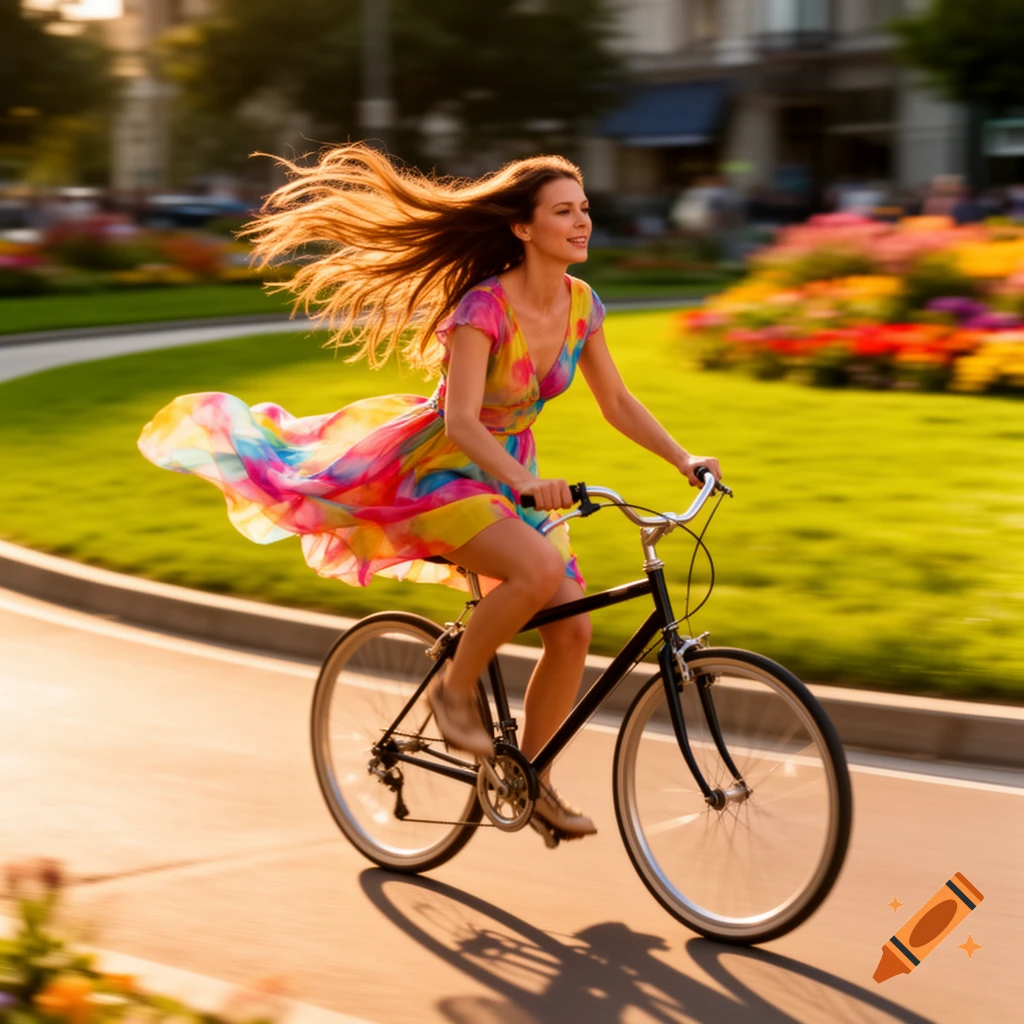 A smiling woman with long flowing hair and a colorful dress rides a bicycle quickly on a sunny park path.