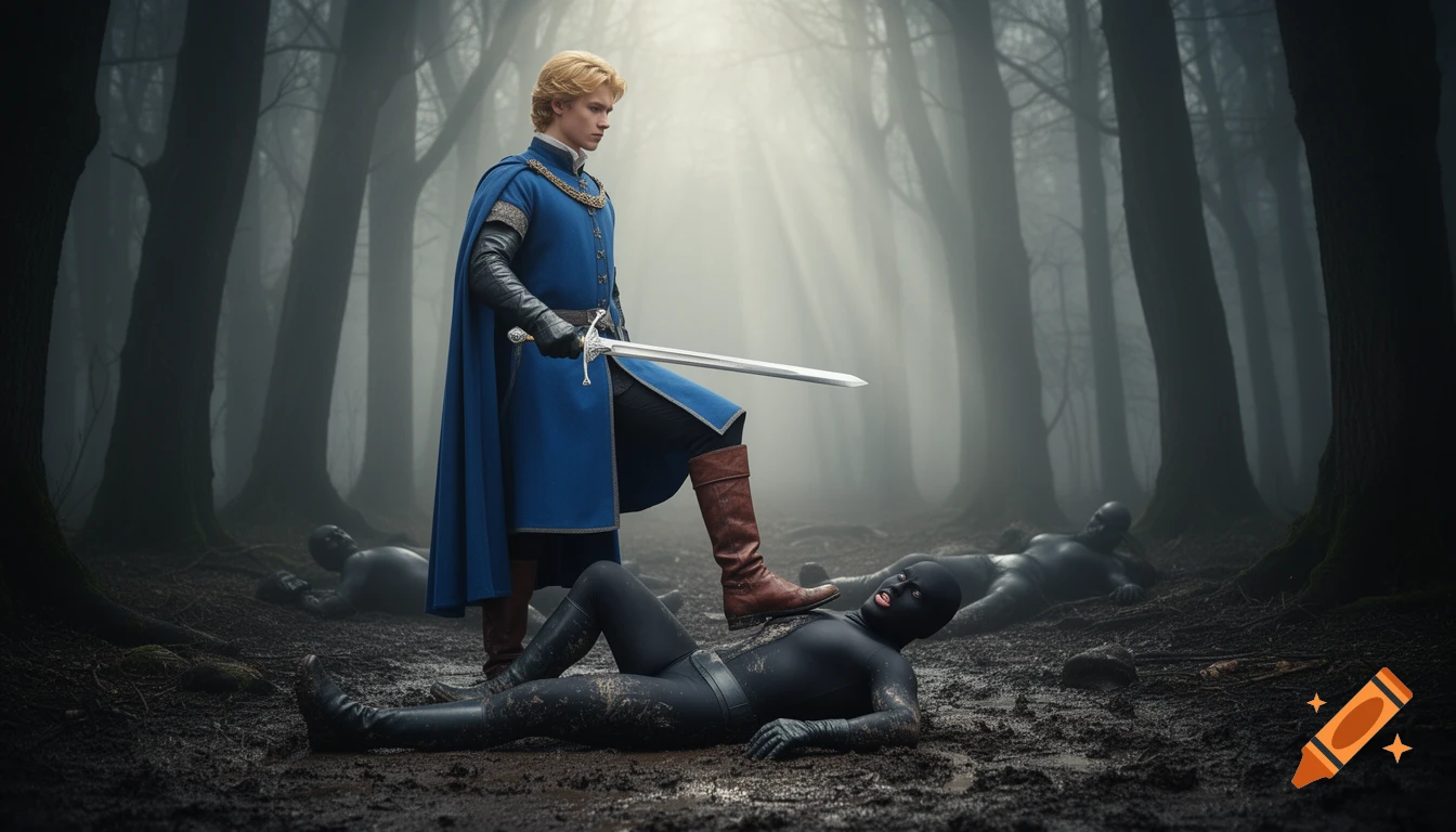 A blonde prince in a blue surcoat and brown boots stands with a sword, one foot on a defeated, masked soldier in black spandex in a muddy, misty forest. Other defeated figures lie in the background.