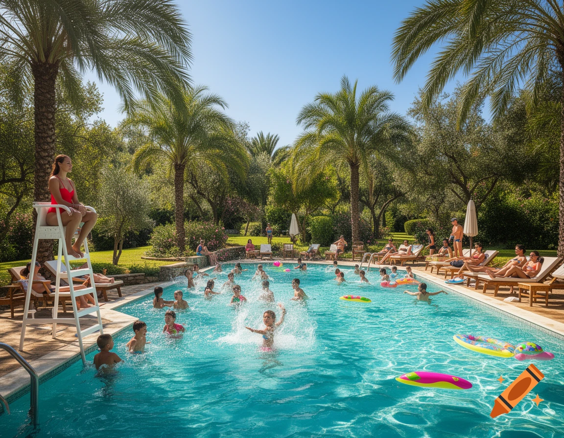 An outdoor swimming pool filled with people splashing and relaxing under palm trees on a sunny day, with a lifeguard watching.