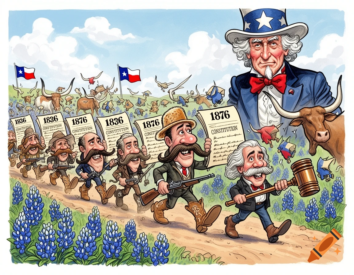 Political cartoon: Uncle Sam, men with rifles holding 'Constitution' documents (1836, 1876), Texas flags, longhorns, and bluebonnets.