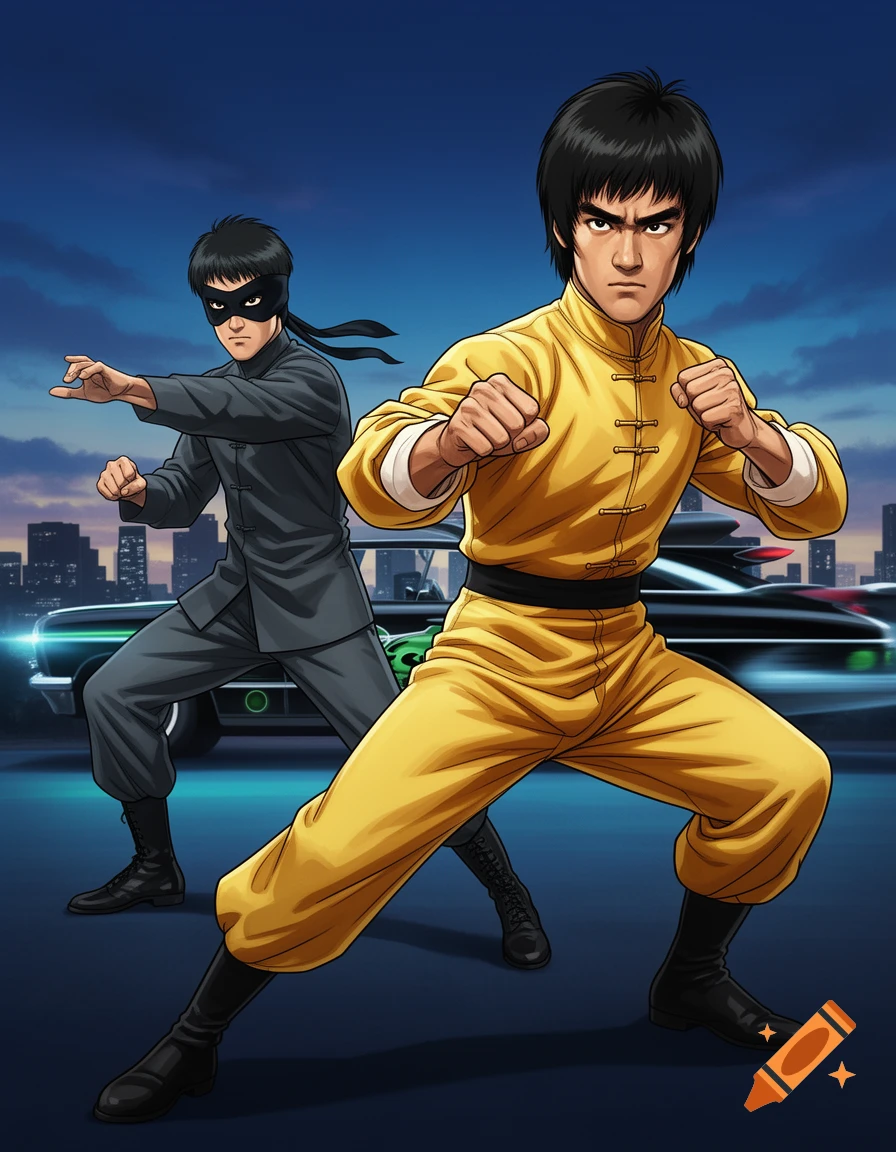 Anime style depiction of Bruce Lee in a yellow suit and Kato in a black mask and grey suit, posed in fighting stances with a city and car in the background.
