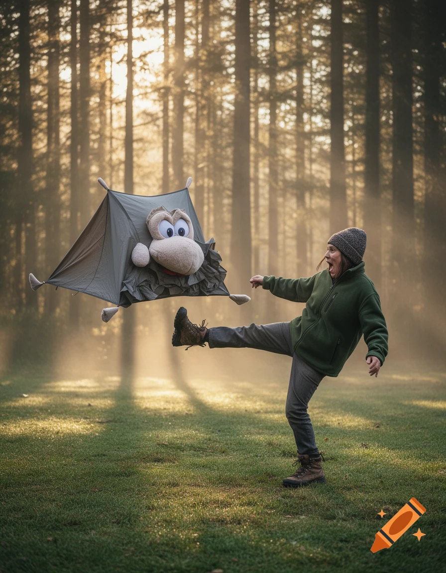 A person in a forest kicks a cartoonish tent with a large face, illuminated by golden light.