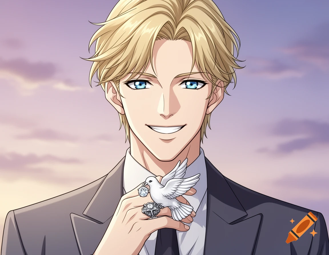 Anime-style portrait of a smiling man with blonde hair and blue eyes, wearing a suit, holding a white dove with rings.