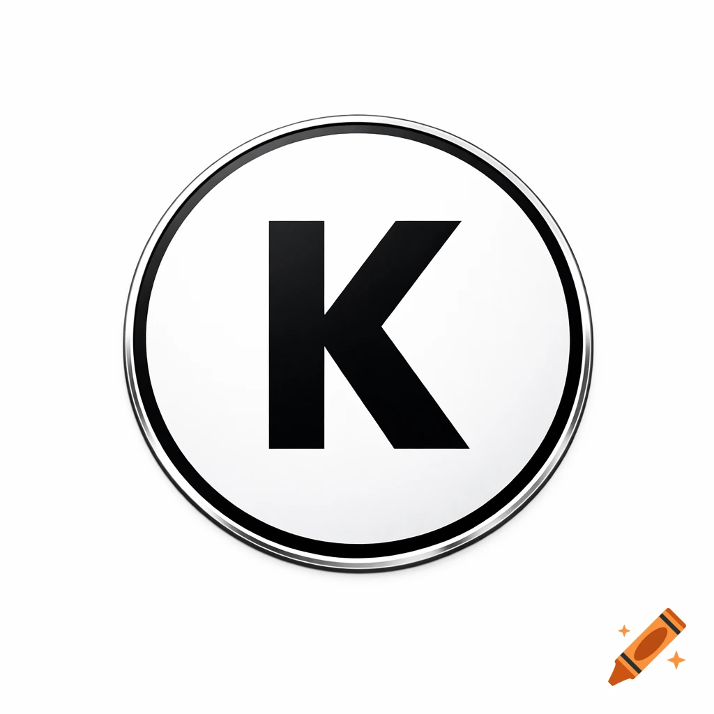 A bold black letter K centered within a white circular emblem, outlined by a reflective silver metallic ring, on a bright white background.