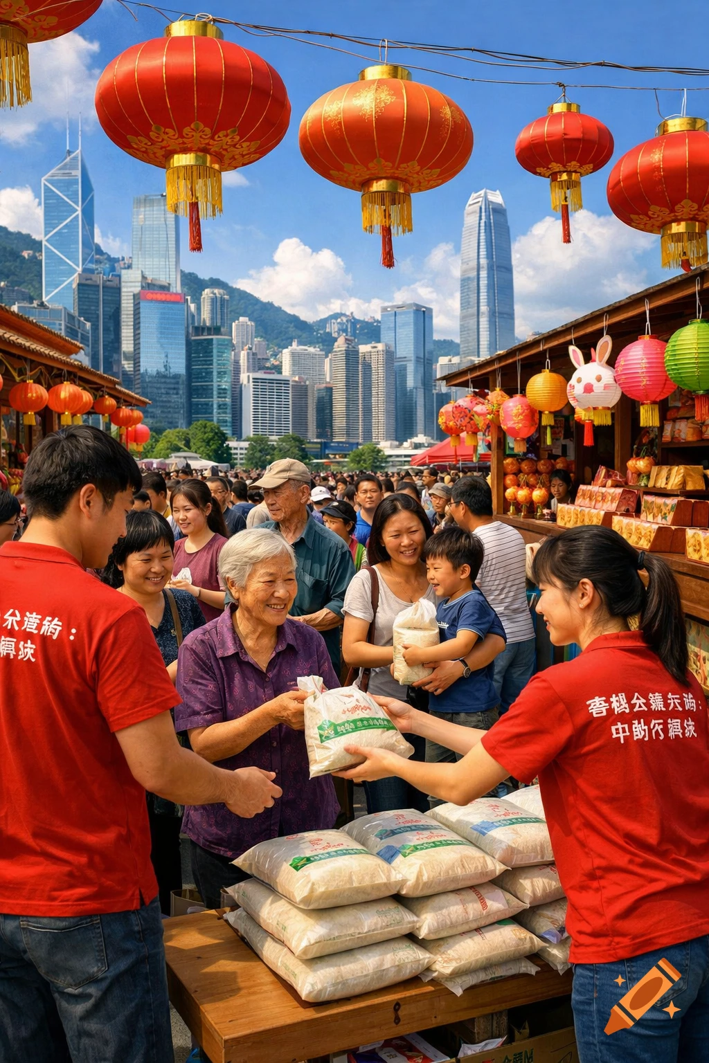A vibrant outdoor market in Hong Kong under red lanterns with skyscrapers in the background. Volunteers distribute bags of rice to a smiling crowd.
