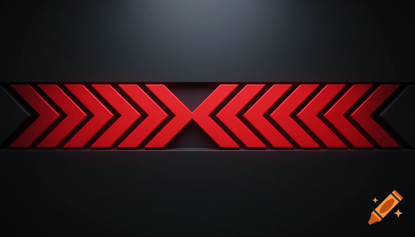 Red chevrons forming an X shape on a dark gray textured background.