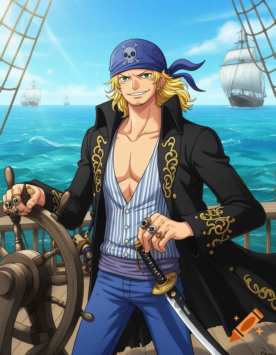 An anime male pirate with blond hair, green eyes, and a skull bandana steers a ship's wheel on a sunny blue ocean.