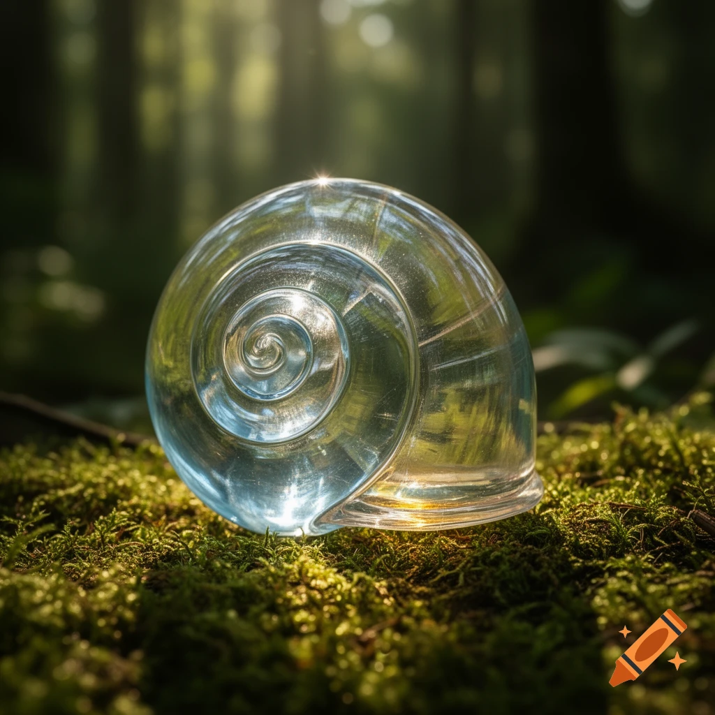 A clear glass snail shell with iridescent reflections sits on lush green moss in a sunlit forest, photorealistic style.