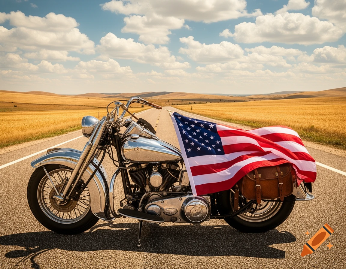 A chrome classic motorcycle with an American flag and a leather saddlebag sits on a long road through golden fields under a blue sky.
