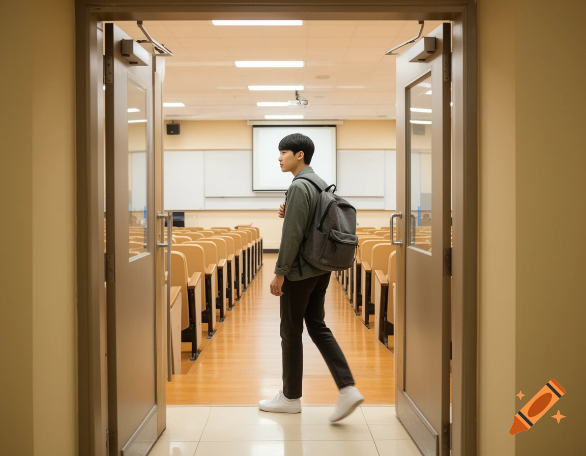 A young East Asian man with a gray backpack walks into an empty lecture hall with rows of wooden desks and a projector screen.