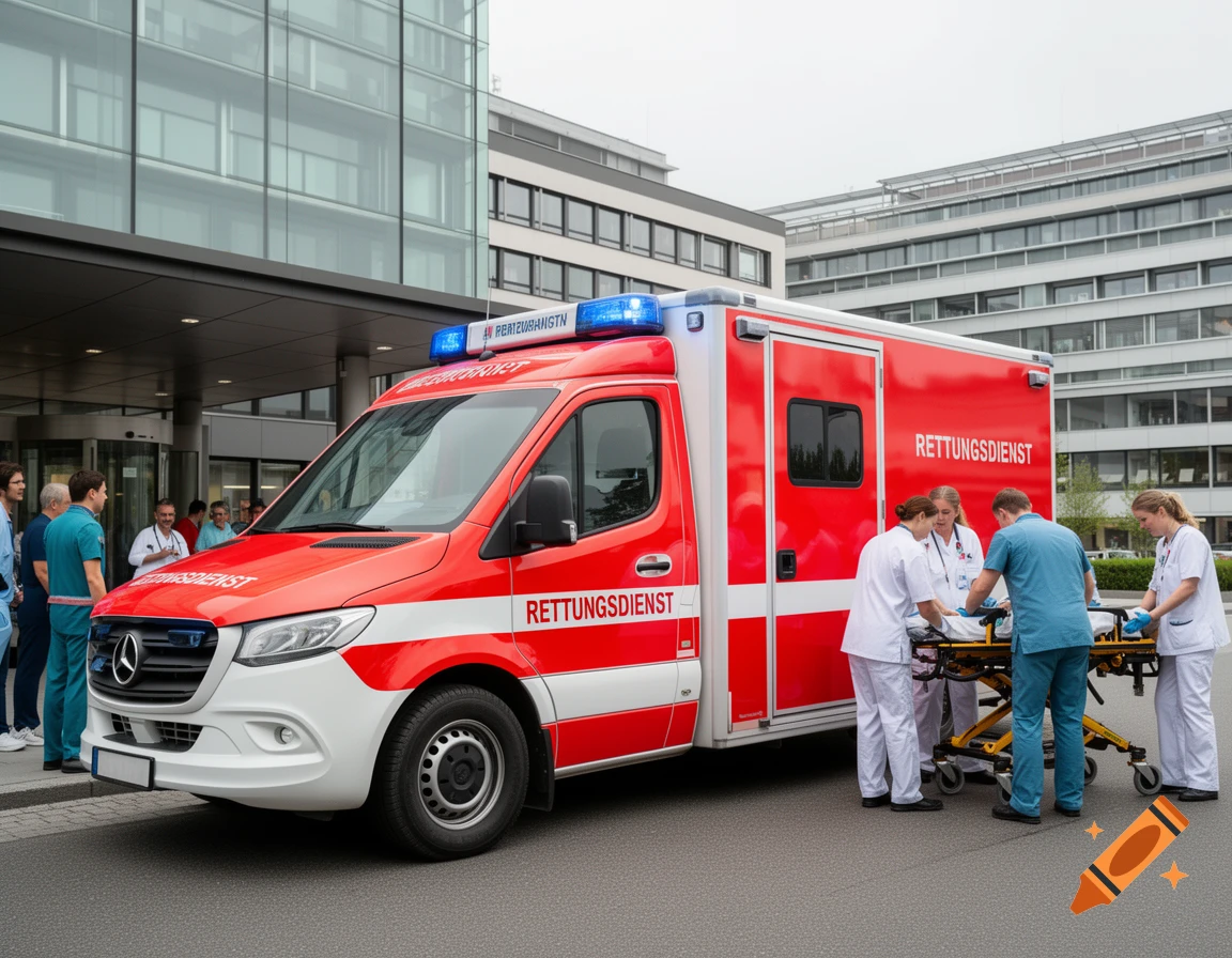 A red and white Mercedes-Benz ambulance is parked outside a modern glass hospital building with medical staff attending to a patient on a stretcher.