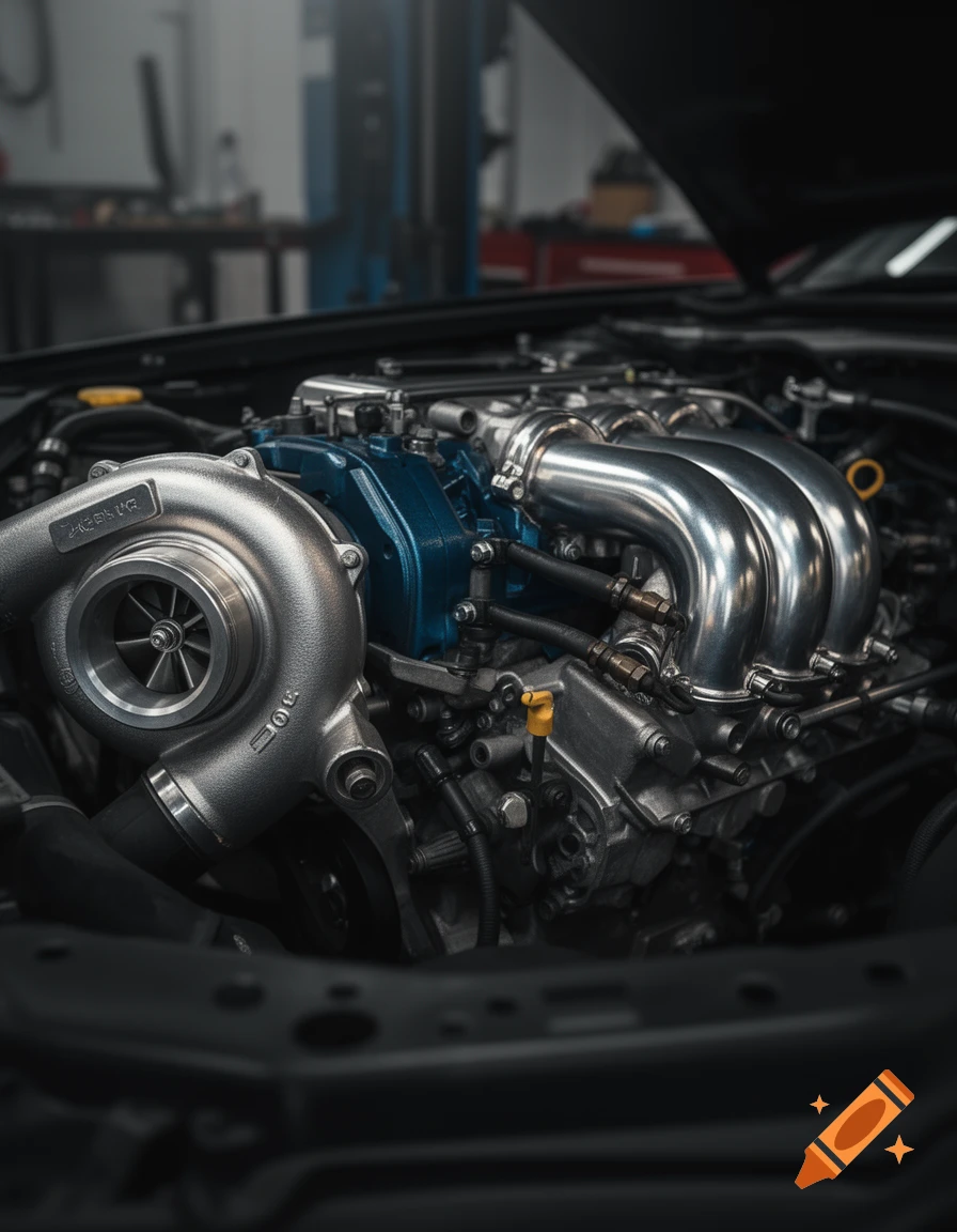 Detailed shot of a car engine with a large silver turbocharger on the left and a blue intake manifold.