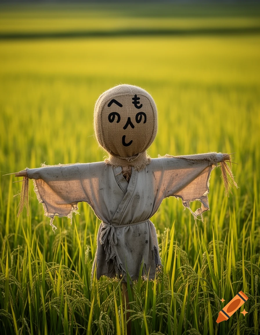 A burlap scarecrow with 'henohenomoheji' hiragana characters drawn as a face, stands in a vibrant green rice field at sunset.
