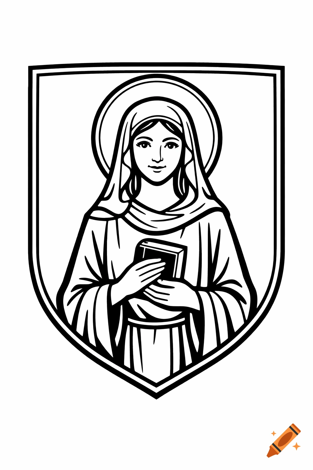 Black and white line art emblem of Saint Anne with a halo, holding a book, framed in a shield.