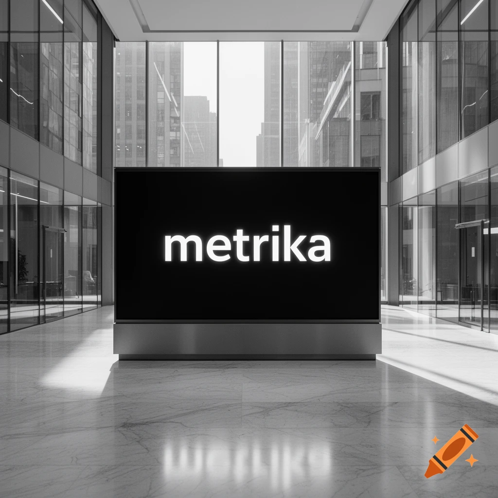 Black and white photorealistic image of a modern office lobby with a large screen displaying the word 'metrika'.