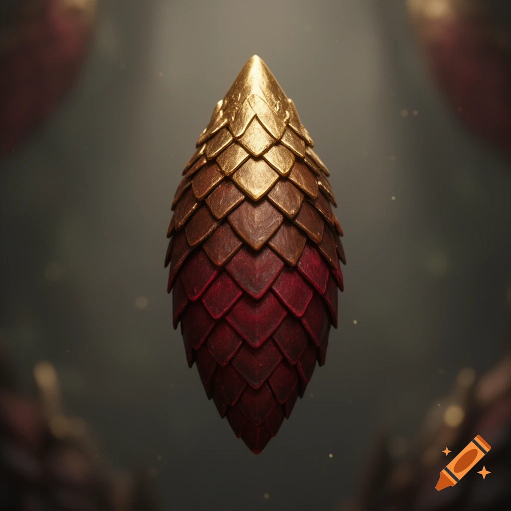A singular, elongated object resembling a dragon scale, with a gold tip, brown middle, and red base, against a dark, blurry background.