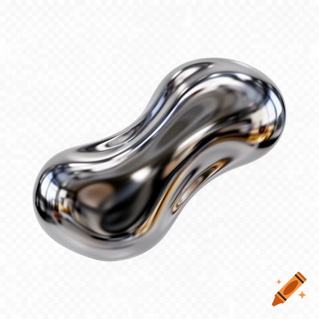 A highly reflective, chrome-like, abstract liquid metal shape with a smooth, curved surface on a transparent background.