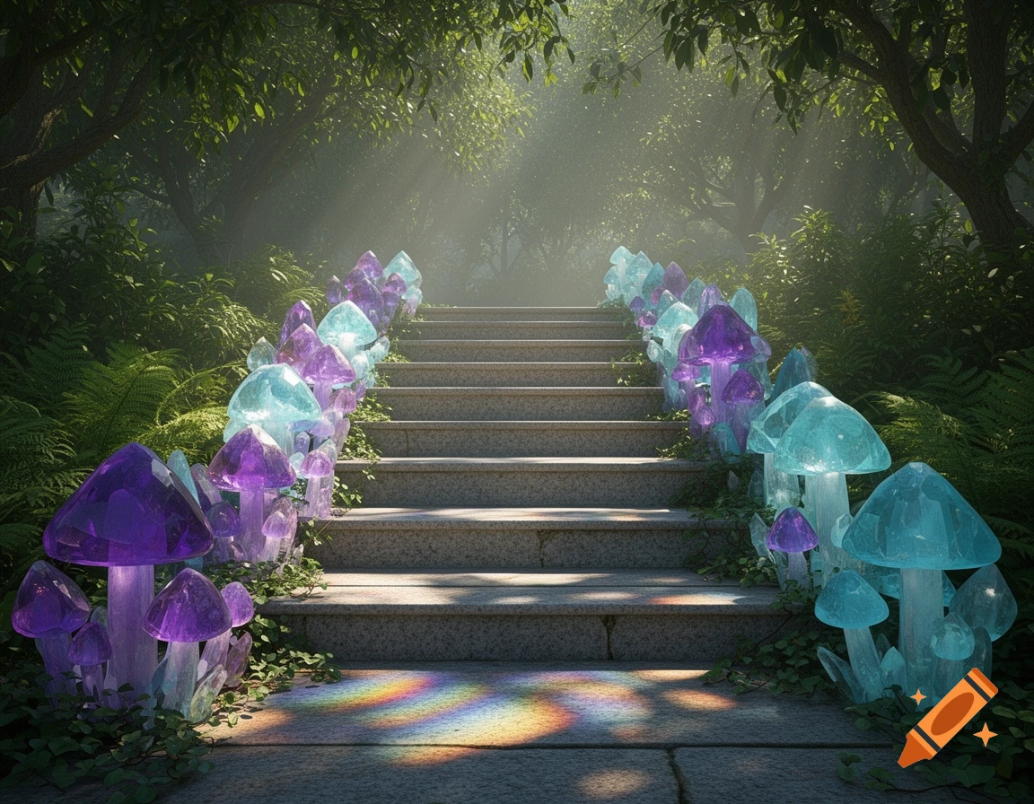 A stone staircase ascends through a misty, sunlit forest, lined with glowing purple and teal crystal mushrooms, casting a rainbow on the bottom step.