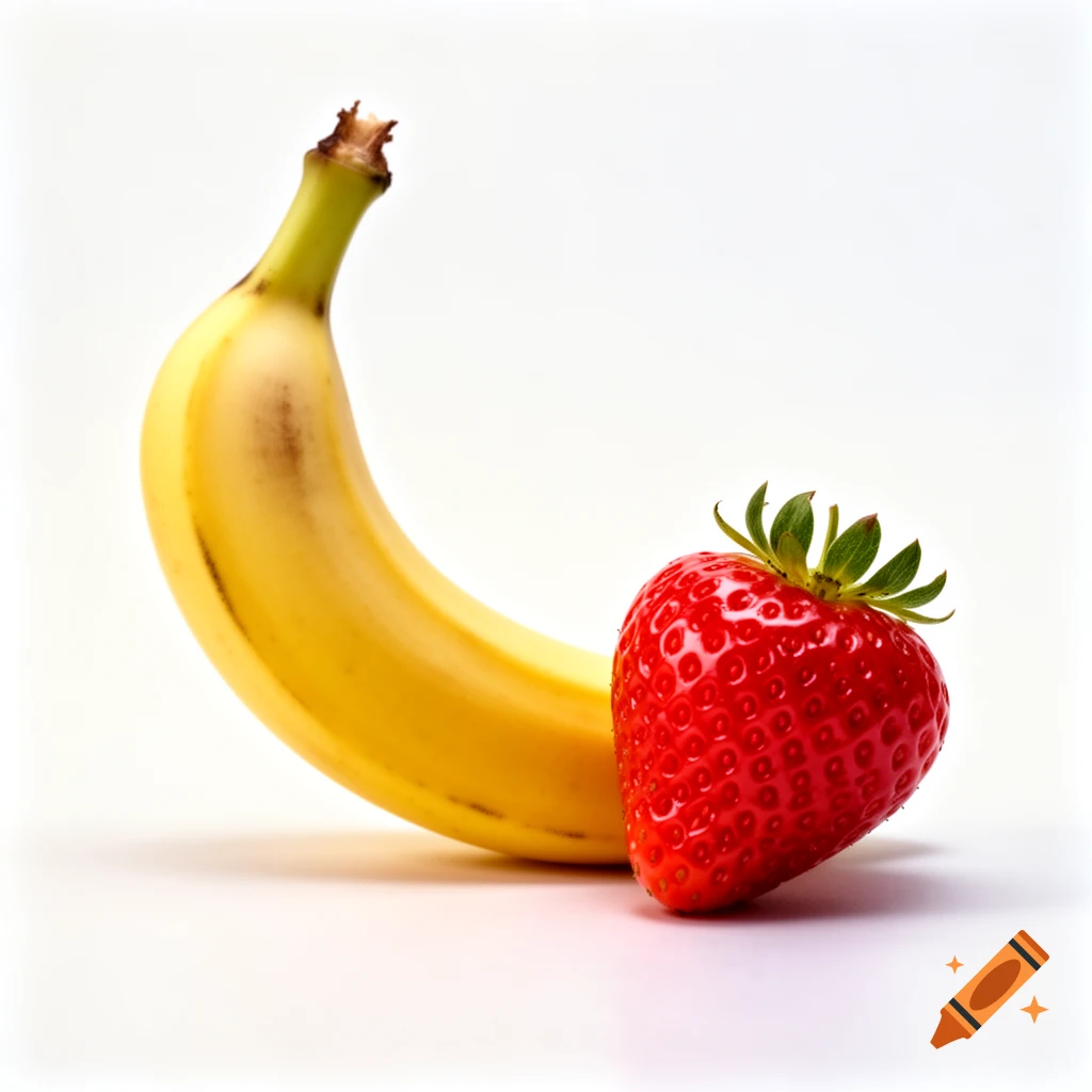 A ripe yellow banana standing upright next to a vibrant red strawberry on a clean white background.