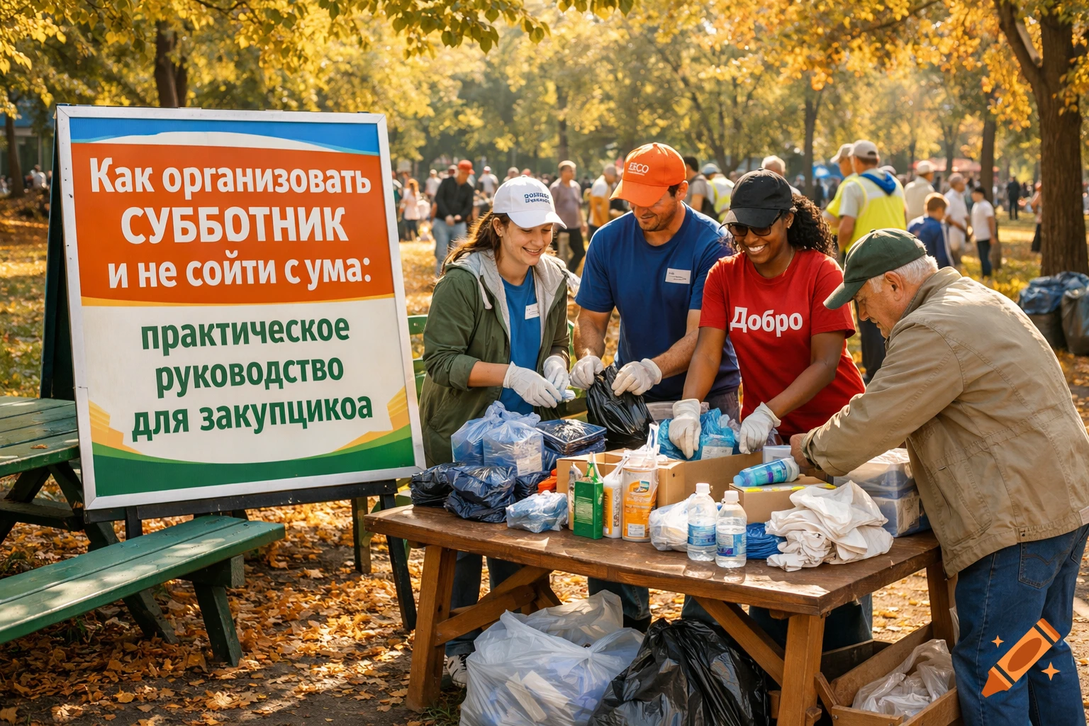 People in a park sorting trash for a community cleanup event, with a sign in Russian detailing organization tips.