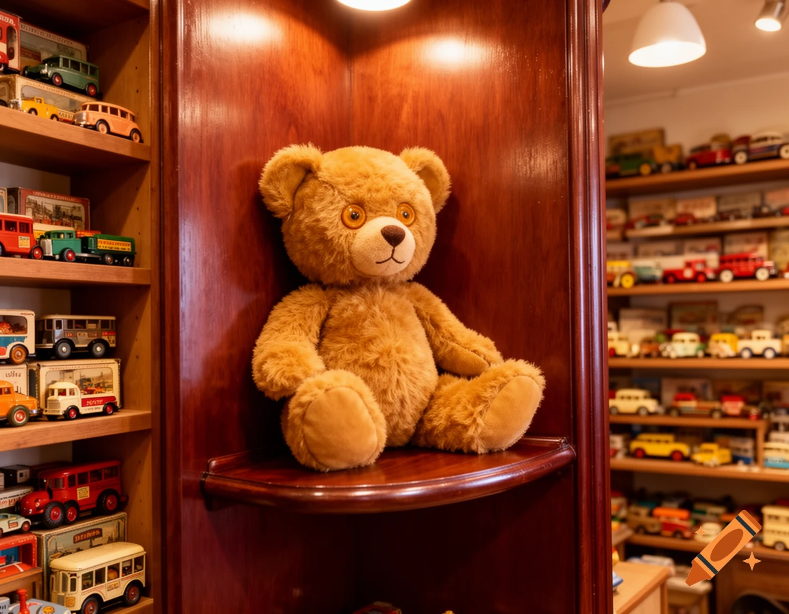A fluffy brown teddy bear sits on a wooden shelf in a corner, surrounded by shelves of vintage toy cars and buses.