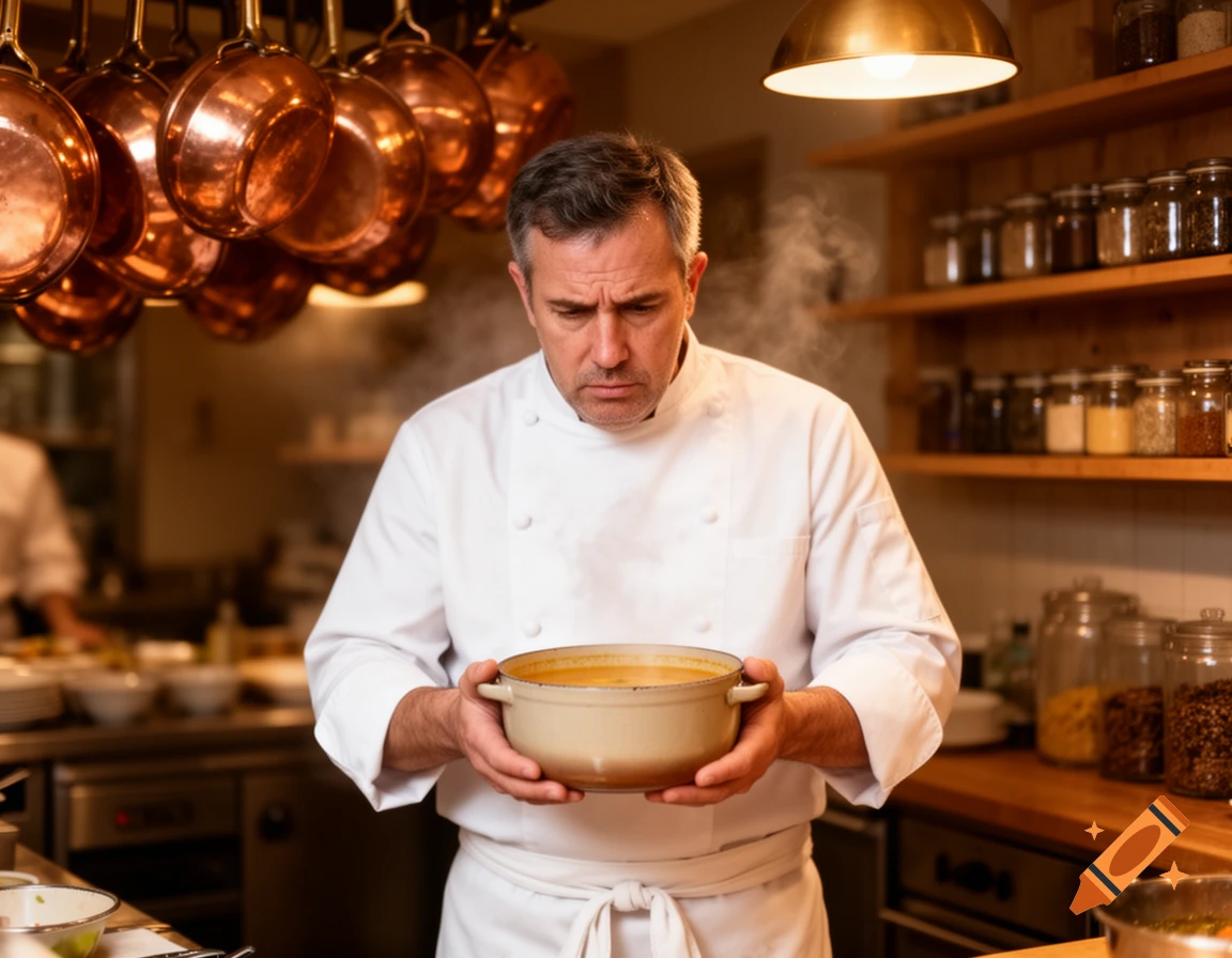 Photorealistic image of a disappointed chef in a white uniform holding a pot of steaming soup in a professional kitchen.