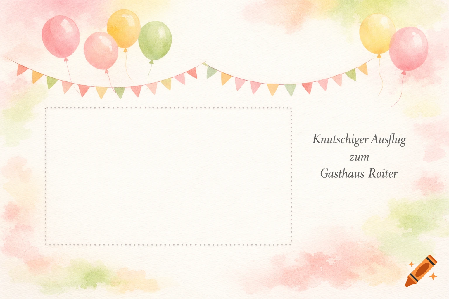 A soft watercolor invitation card with pastel pink, yellow, and green balloons, a festive garland, and German text.