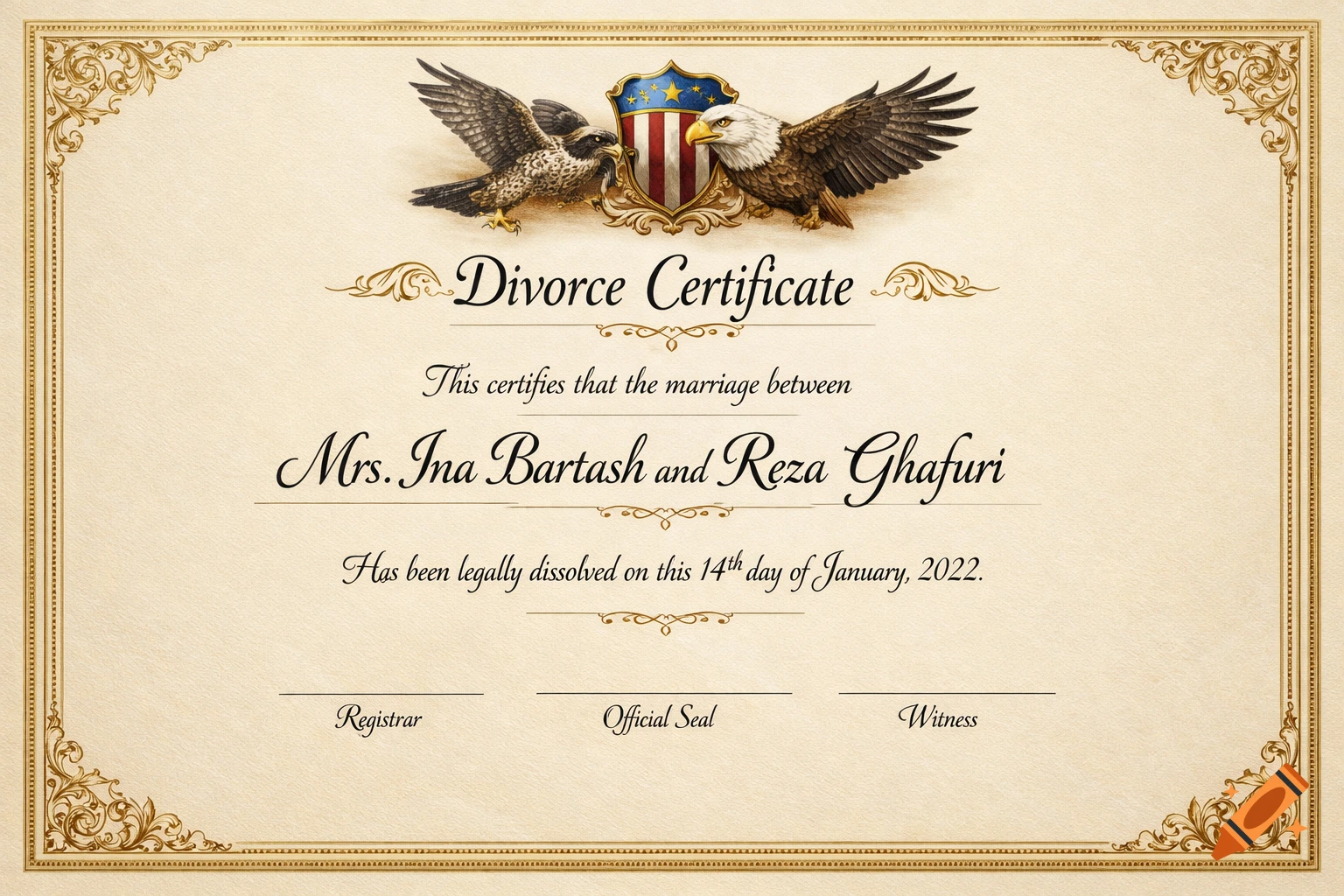 A formal divorce certificate for Mrs. Ina Bartash and Reza Ghafuri, decorated with a falco and an eagle flanking a shield.