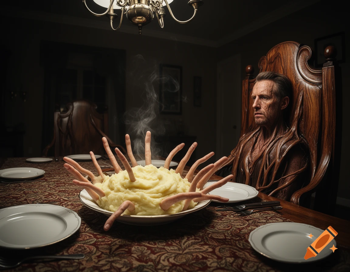 A man with tree roots merging with his chair sits at a dinner table, looking at a bowl of mashed potatoes with human fingers sticking out, emitting steam.
