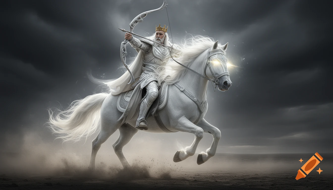 A regal, armored figure with a crown on a white stallion with glowing eyes, aiming a bow through a swirling mist under a stormy sky.