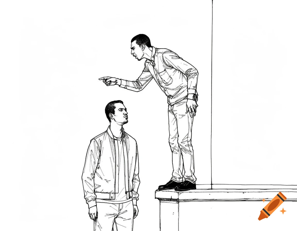 Black line drawing of two men; one stands elevated, pointing intently, while the other stands below, looking up calmly.