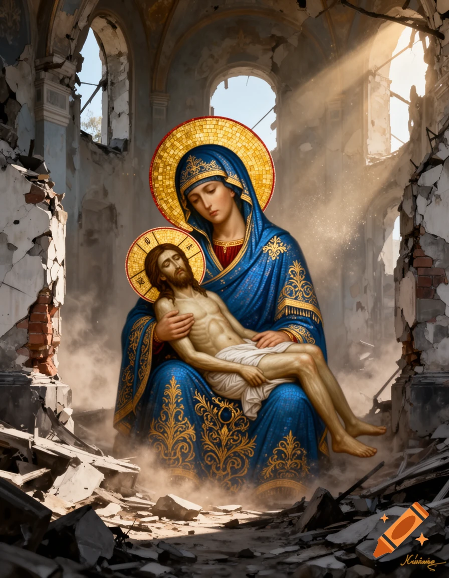 A Byzantine icon of Mary holding the dead Jesus in the ruins of a building, bathed in sunlight filtering through the damaged roof.