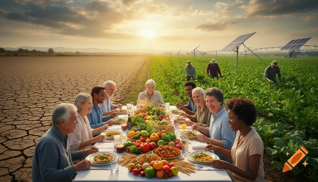 Diverse group eating at a long table, with one side of the background dry cracked earth and the other a green farm with solar panels.