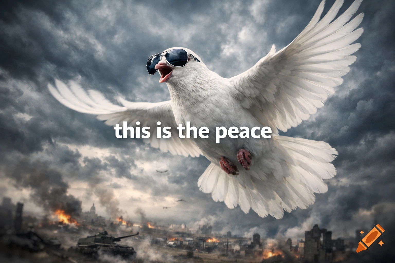 White dove in sunglasses flies over a burning, war-torn city under a stormy sky. Text: 'this is the peace'.