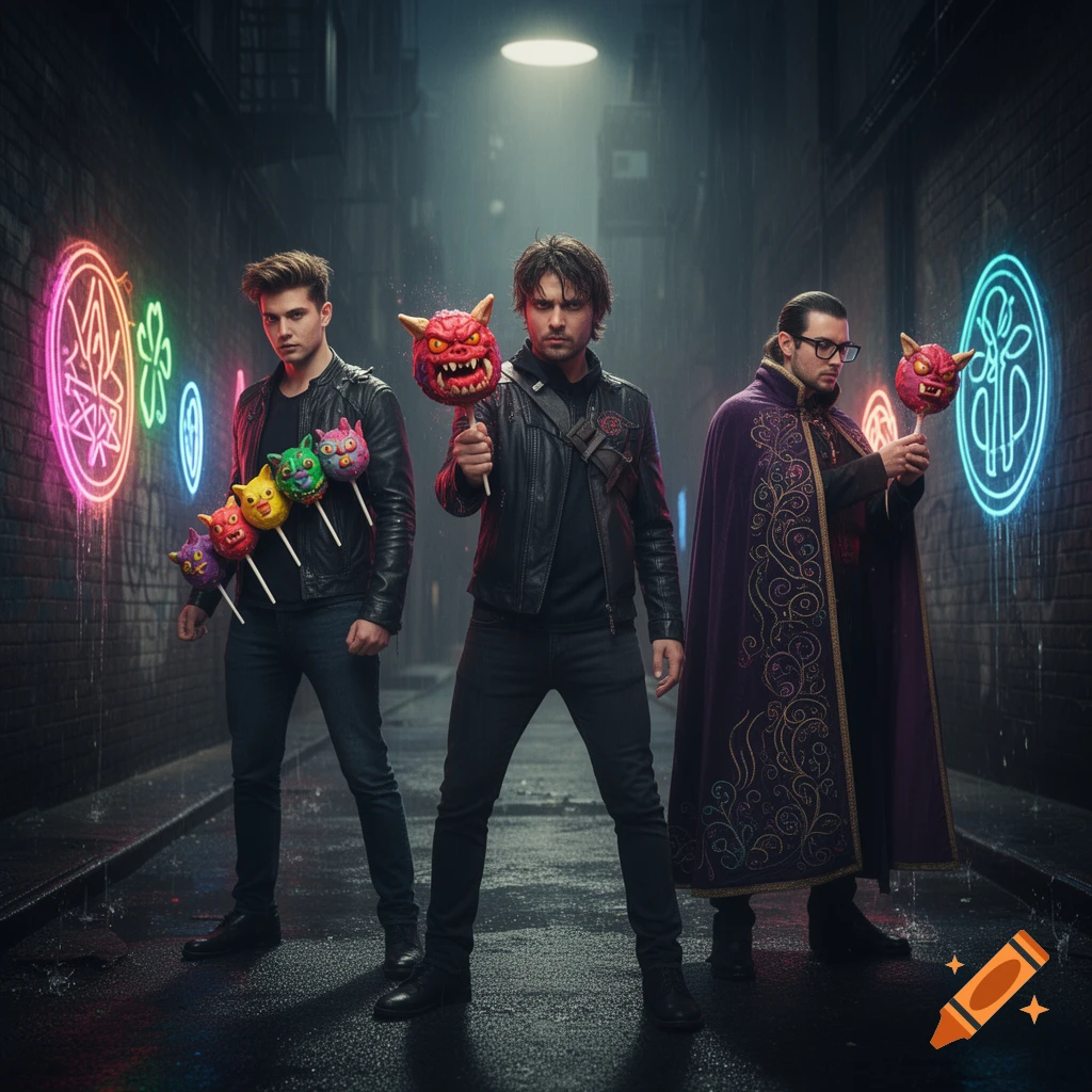 Three men, two in leather jackets and one in a purple cape, stand in a rainy alley with neon signs, holding monster-shaped lollipops.