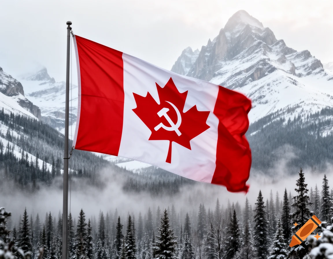 A Canadian flag featuring a hammer and sickle in place of the maple leaf, waving against a backdrop of snowy mountains and pine trees.