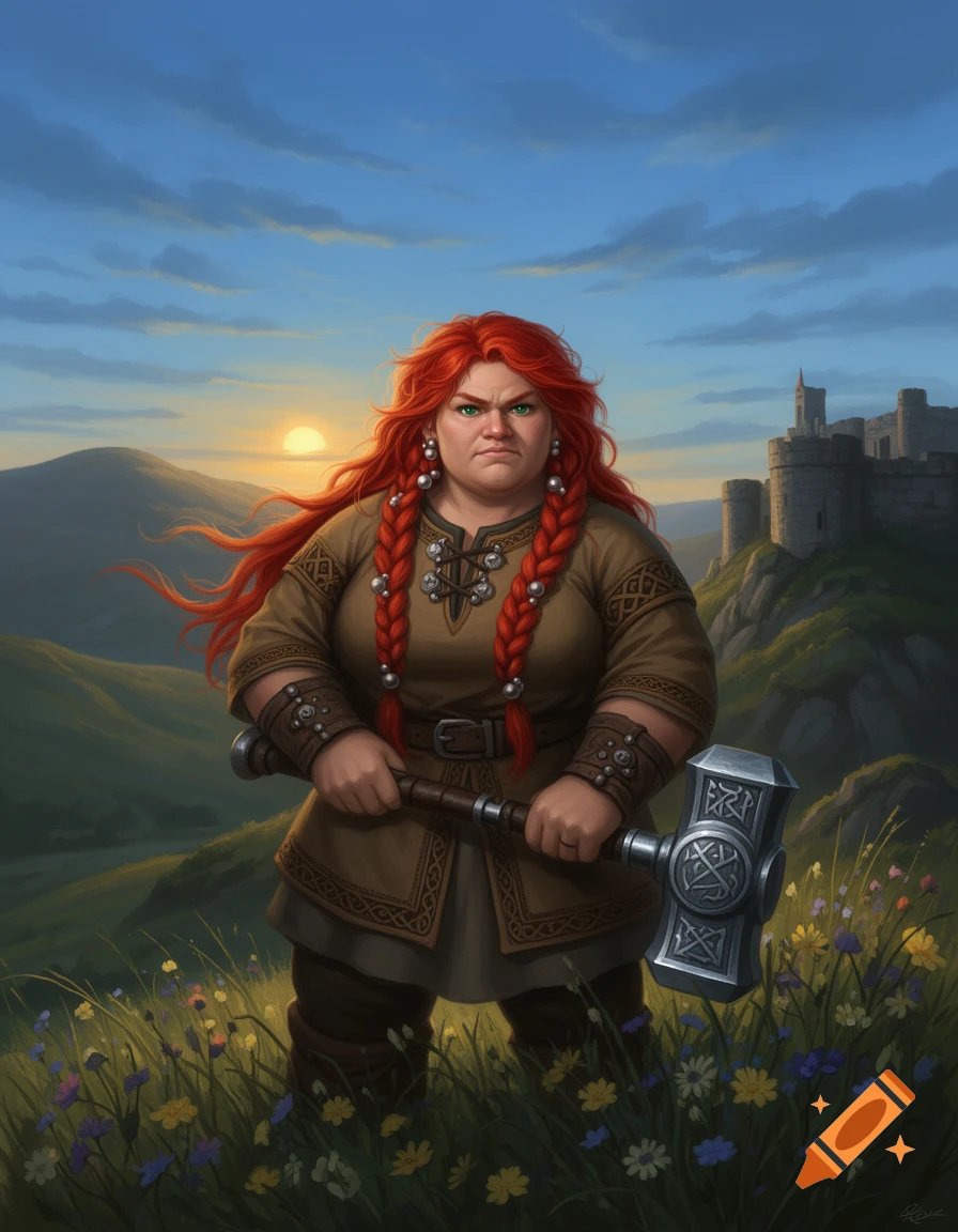 A fierce red-haired female dwarf holds a hammer, standing in a field of wildflowers at sunset with a castle in the background.